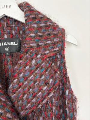 Chanel 16P Mohair Red 
Blue Tweed Gilet Jacket With Bronze Button Detail Size FR 36 (UK 8)