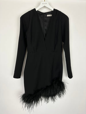 New Arrivals Black Long Sleeve V-Neck Mini Dress With Shoulder Pads and Feather Hem FR 40 (UK 12)