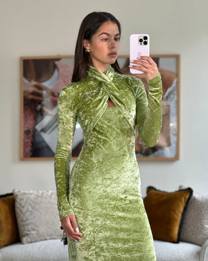 Nanushka Sage Green Franci Long Sleeve Crushed Velvet Maxi Dress Size XS (UK 6) RRP £575