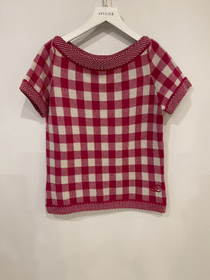 Chanel Pink and White Gingham Cashmere Short-Sleeve Top with CC Logo Size FR 38 (UK 10)