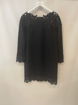 Ermanno Scervino Black Cashmere Long-Sleeve Dress with Crochet Details Size IT 42 (UK 10)