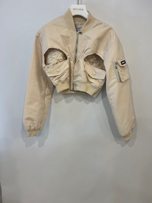 Coperni Vanilla Beige Cut-Out Cropped Bomber Jacket with Logo Size FR 36 (UK 8)