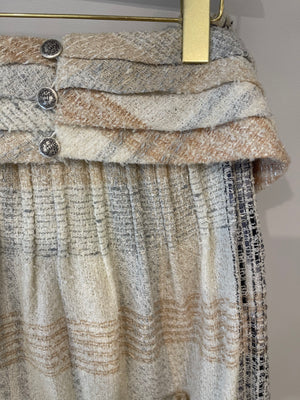 Chanel Beige Metallic Tweed Mini Skirt with Removable Belt Detail and CC Logo Buttons Size FR 36 (UK 8)