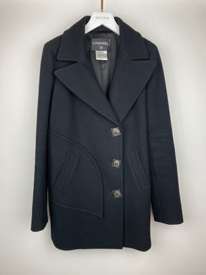 Chanel Black Wool Coat with Square Ruthenium CC Logo Buttons Size FR 34 (UK 6)