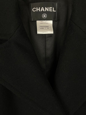 Chanel Black Wool Coat with Square Ruthenium CC Logo Buttons Size FR 34 (UK 6)