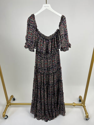 Misa Black, Purple and Pink Floral Off-Shoulder Tiered Maxi Dress Size XS (UK 6)