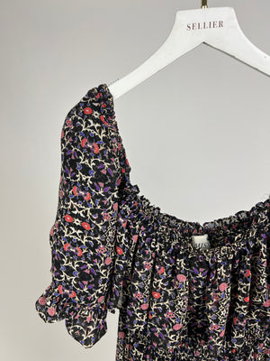 Misa Black, Purple and Pink Floral Off-Shoulder Tiered Maxi Dress Size XS (UK 6)