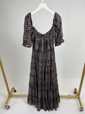 Misa Black, Purple and Pink Floral Off-Shoulder Tiered Maxi Dress Size XS (UK 6)