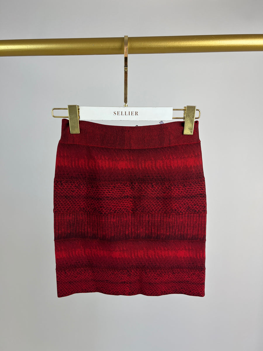 Herve Leger Red Snakeskin Panelled Body Con Skirt FR 34 (UK 6)