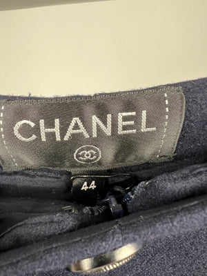 Chanel Navy Wool Straight Leg Trousers with CC Logo Details FR 44 (UK 16)