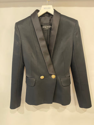Balmain Black Blazer Jacket with Gold Buttons and Silk Trim Detail Size FR 38 (UK 10)