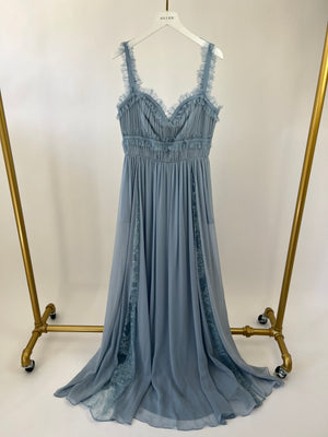 *HOT* Elie Saab Sky Blue Lace Trimmed Silk Blend Evening Gown Dress Size FR 40 (UK 12)