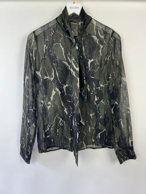 Saint Laurent Black and Deep Green Marble Print Sheer Virgin Wool Shirt Size FR 36 (UK 8)