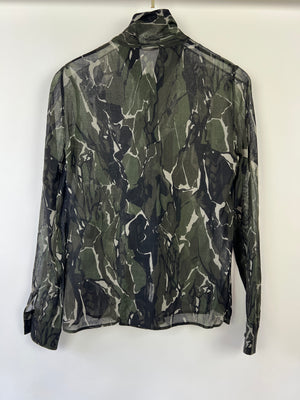 Saint Laurent Black and Deep Green Marble Print Sheer Virgin Wool Shirt Size FR 36 (UK 8)