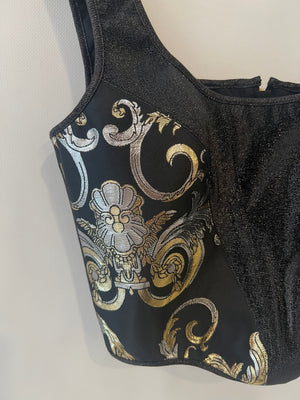 Versace Black Shimmery Corset Crop Top with Gold and Silver Metallic Baroque Prints and Gold Zipper Detail Size IT 44 (UK 12)