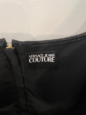 Versace Black Shimmery Corset Crop Top with Gold and Silver Metallic Baroque Prints and Gold Zipper Detail Size IT 44 (UK 12)