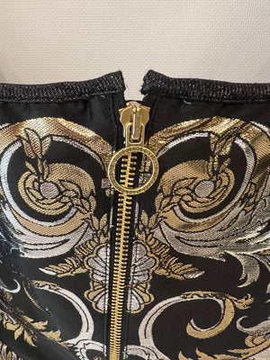 Versace Black Shimmery Corset Crop Top with Gold and Silver Metallic Baroque Prints and Gold Zipper Detail Size IT 44 (UK 12)