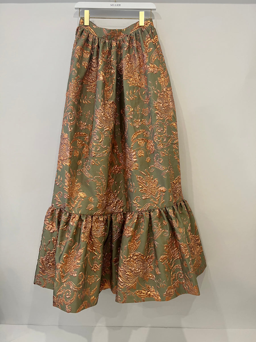 Alena Akhmadullina Green and Rose Gold Embroidered Floral Maxi Skirt Size M (UK 10)