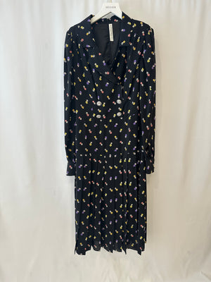 Alessandra Rich Black Silk Flower Printed Midi Dress with Crystal Buttons Size IT 44 (UK 12) RRP £1,350