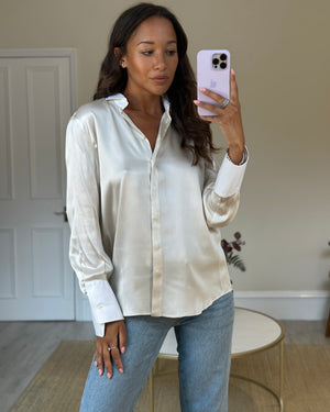 Brunello Cucinelli Cream Silk Shirt with Bead Collar details in Size L (UK 12-14)