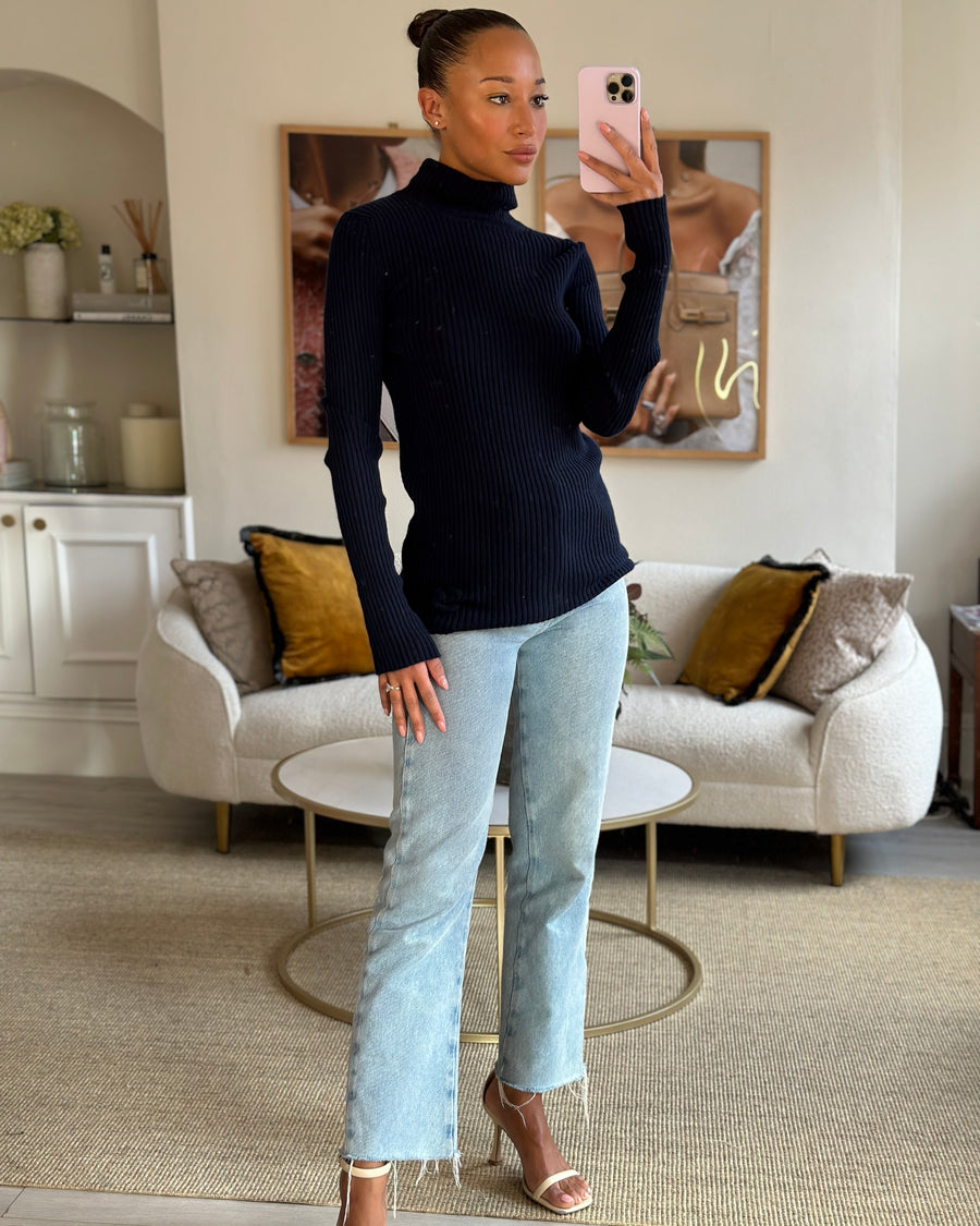 Chanel Navy Ribbed Cashmere Roll Neck Long Sleeve Jumper with CC Logo Detail FR 36 (UK 8)