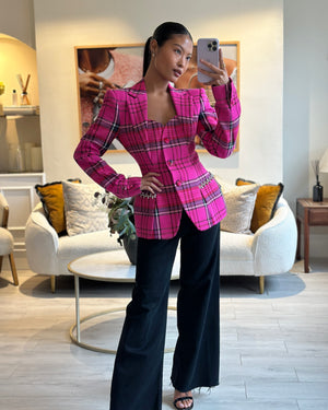 Area Hot Pink 
Black Checked Blazer with Cut-Out Detail 
Crystals Embellishments Size US 6 (UK 10)