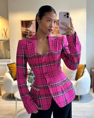 Area Hot Pink 
Black Checked Blazer with Cut-Out Detail 
Crystals Embellishments Size US 6 (UK 10)