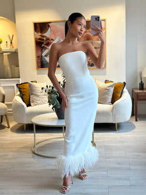 16Arlington White Minelli Strapless Midi Dress with Feather Trim Detail Size FR 34 (UK 6)