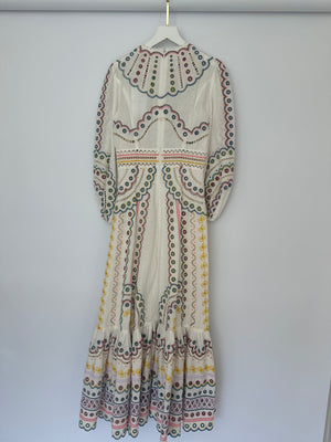 Zimmermann White Long Sleeve Embroidered Maxi Dress with Scalloped Hem Detail Size 0 (UK 8)