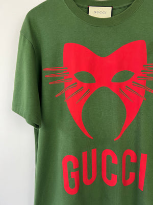 Gucci Menswear Khaki Over-Sized T-Shirt with Red Mask Logo Print Size M (UK 38)