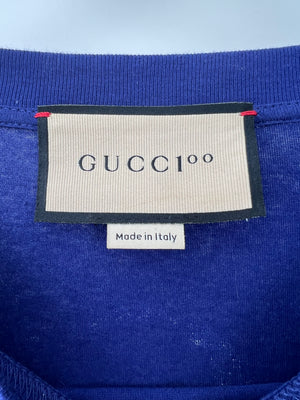 Gucci Navy Menswear Over-Sized T-Shirt with Yellow Long Sleeves and Lettering Print Size M (UK 38)