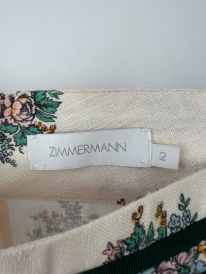 Zimmermann Floral Ivory Linen Trousers with Green Trim Detail Size 2 (UK 12)