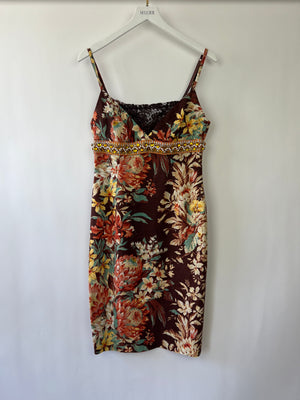 Dolce 
Gabbana Brown, Orange Yellow Floral  Printed Midi Dress with Embellished Waistline Detail Size IT 44 (UK 12)