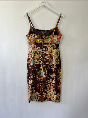 Dolce 
Gabbana Brown, Orange Yellow Floral  Printed Midi Dress with Embellished Waistline Detail Size IT 44 (UK 12)