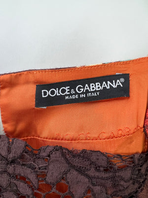 Dolce 
Gabbana Brown, Orange Yellow Floral  Printed Midi Dress with Embellished Waistline Detail Size IT 44 (UK 12)