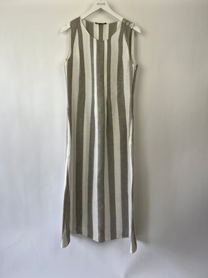 Loro Piana White Grey Stripe Linen Sleeveless Maxi Dress Size FR 42 ( UK 14)