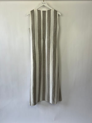 Loro Piana White Grey Stripe Linen Sleeveless Maxi Dress Size FR 42 ( UK 14)