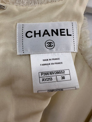 Chanel 10/P Beige Tweed Short-Sleeve Mini Dress with Fringe Applique and Small Beads Size FR 38 (UK 10)