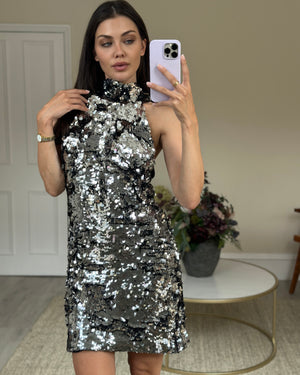 Galvan Silver Galaxy Sequin Halter Neck Dress with Bow Detail FR 36 (UK 8)