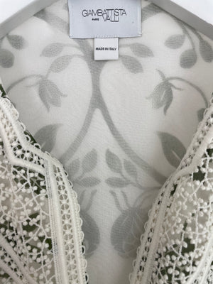 Giambattista Valli White and Green Sleeveless Floral Midi Dress with Lace Bodice and Cut Out at the Back Size IT 36 (UK 4)