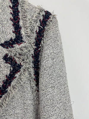 Chanel 08P Light Grey Tweed Jacket with Contrast Navy and Red Tweed Trim with CC Detail Buttons On The Cuff Size FR 38 (UK 10)