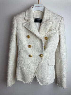 Balmain White Tweed Double Breasted Blazer with Gold Buttons Size FR 36 (UK 8)