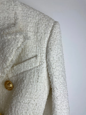 Balmain White Tweed Double Breasted Blazer with Gold Buttons Size FR 36 (UK 8)