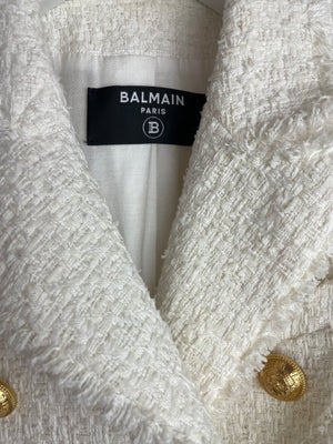 Balmain White Tweed Double Breasted Blazer with Gold Buttons Size FR 36 (UK 8)