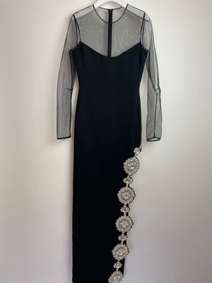 *HOT* David Koma Black Long Dress with Tulle 
Multiple Floral Crystal Embellishments Detail Size FR 36 (UK 8)