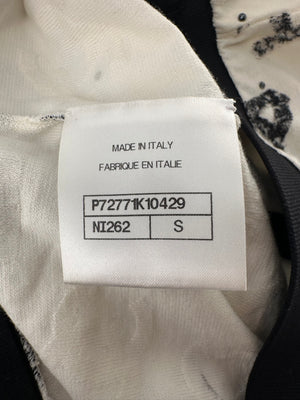 Chanel 22S White 
Black Logo 
Camellia Print Crop Top 
Shorts Set with Black Trim 
Metallic Applique Details Size S (UK 8)