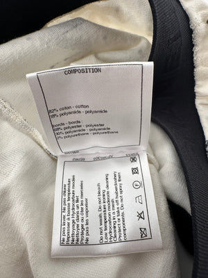 Chanel 22S White 
Black Logo 
Camellia Print Crop Top 
Shorts Set with Black Trim 
Metallic Applique Details Size S (UK 8)