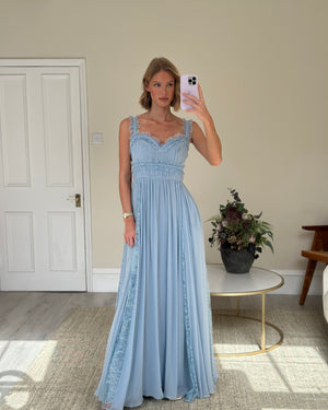 *HOT* Elie Saab Sky Blue Lace Trimmed Silk Blend Evening Gown Dress Size FR 40 (UK 12)