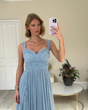 *HOT* Elie Saab Sky Blue Lace Trimmed Silk Blend Evening Gown Dress Size FR 40 (UK 12)