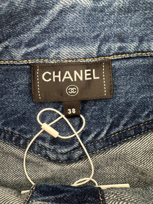 *HOT* Chanel 24S Denim Cropped Top with 3/4 Sleeves 
Floral Crystal CC Buttons Detail Size FR 38 (UK 10) RRP £3,450